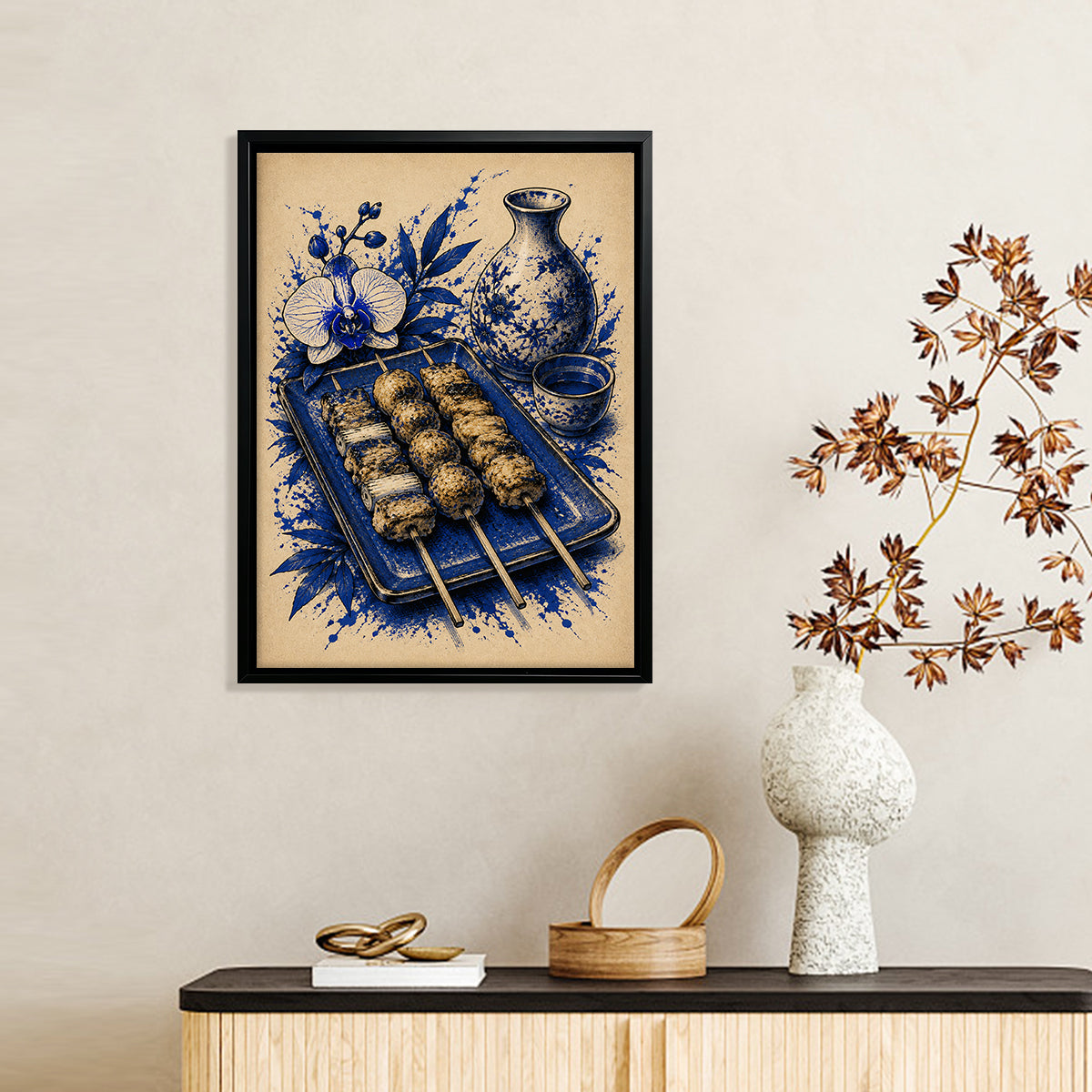 Framed Japanese Yakiniku Art Print, Blue & White Floral Design, High-Quality Giclee on Canvas, Perfect for Kitchen or Dining Room Décor