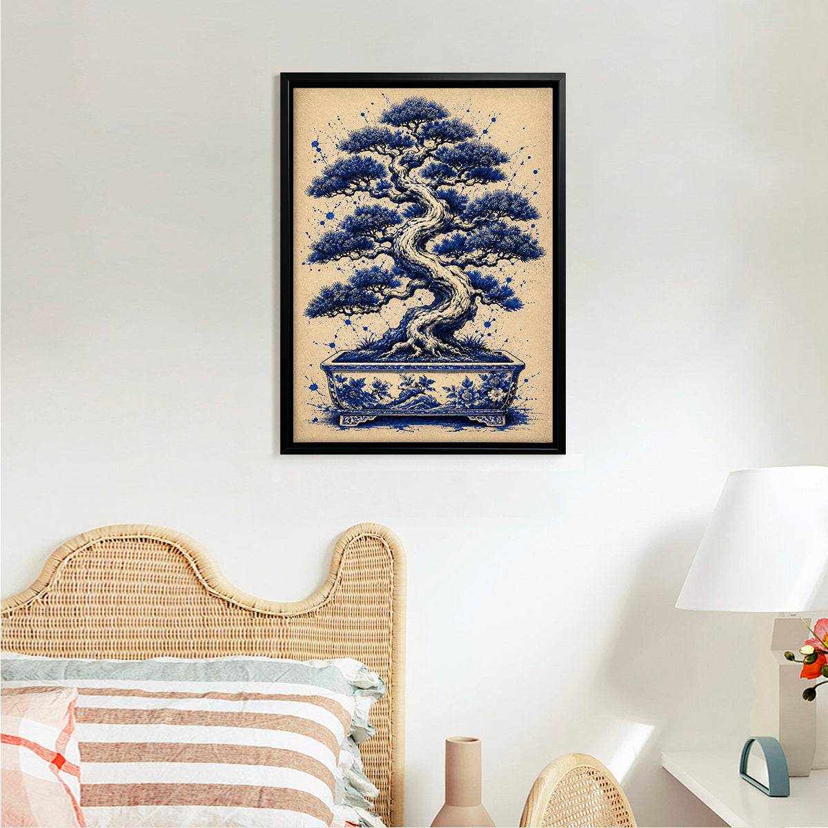 Framed Bonsai Tree Art Print, Blue & White Ceramic Pot Design, Elegant Home Decor for Living Room or Staircase