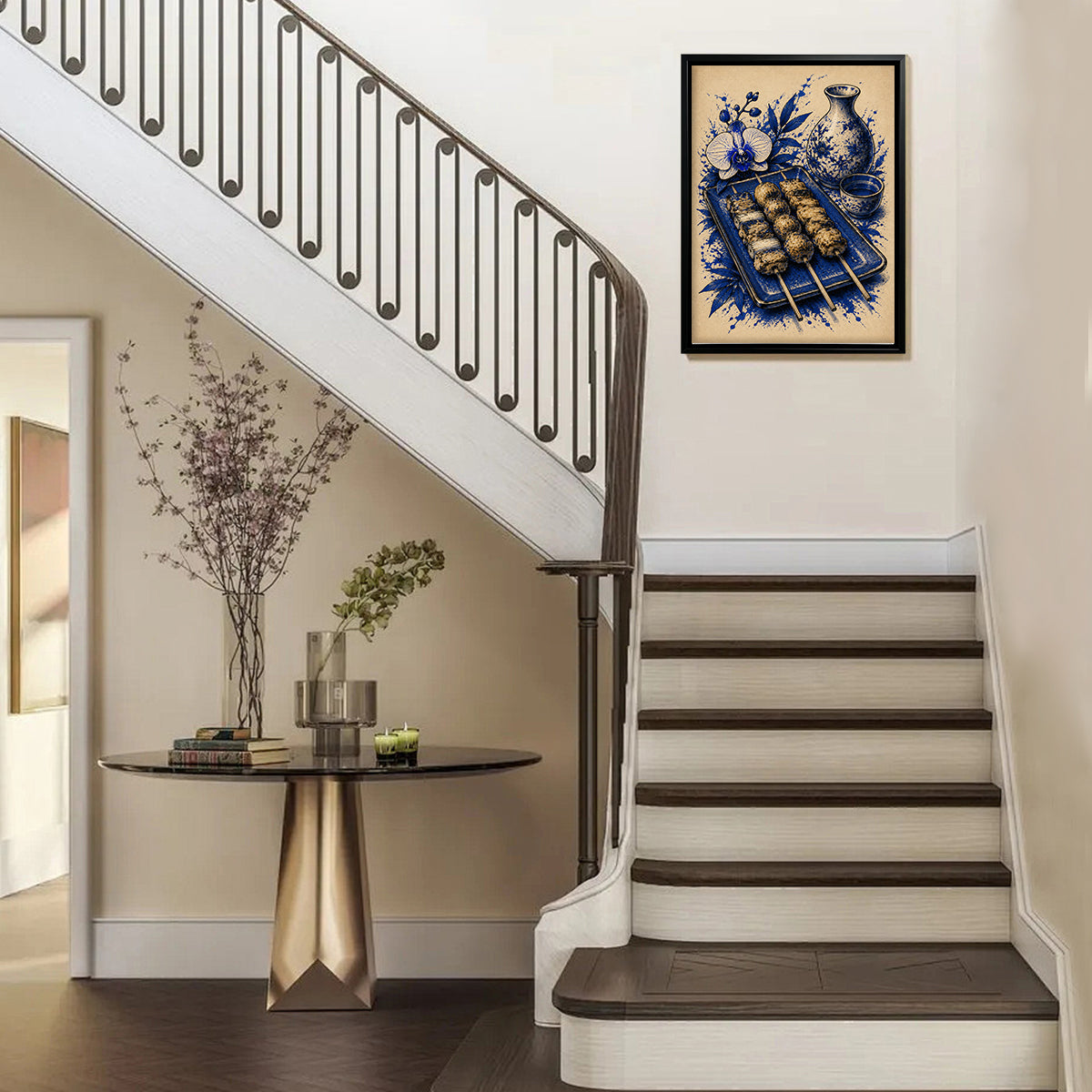 Framed Japanese Yakiniku Art Print, Blue & White Floral Design, High-Quality Giclee on Canvas, Perfect for Kitchen or Dining Room Décor