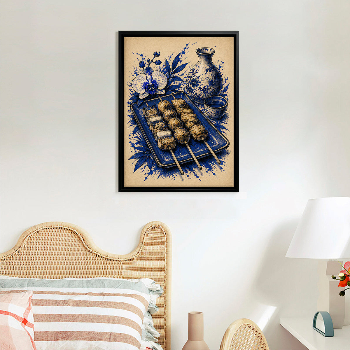 Framed Japanese Yakiniku Art Print, Blue & White Floral Design, High-Quality Giclee on Canvas, Perfect for Kitchen or Dining Room Décor
