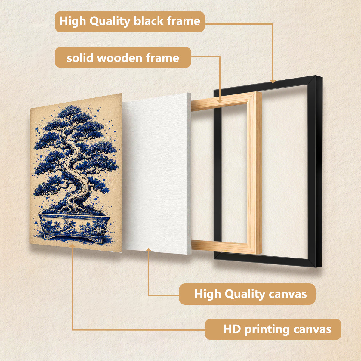 Framed Bonsai Tree Art Print, Blue & White Ceramic Pot Design, Elegant Home Decor for Living Room or Staircase