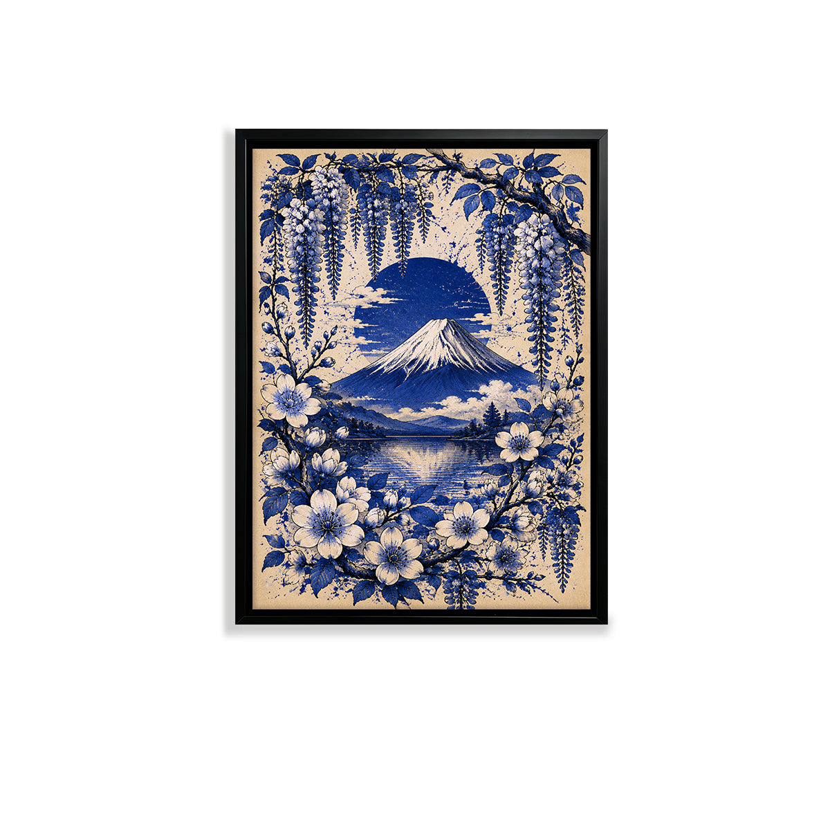 Framed Mount Fuji Floral Art Print, Blue and White Japanese Style, Perfect for Home Decor or Gift