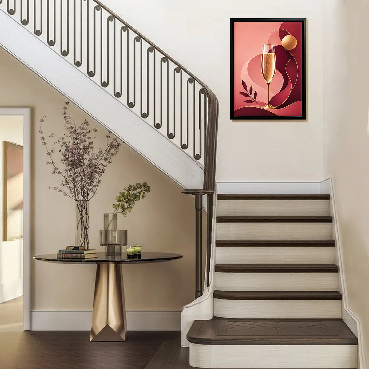 Modern Framed Art Print of Champagne Glass with Abstract Design, Elegant Home Decor for Living Room or Bedroom