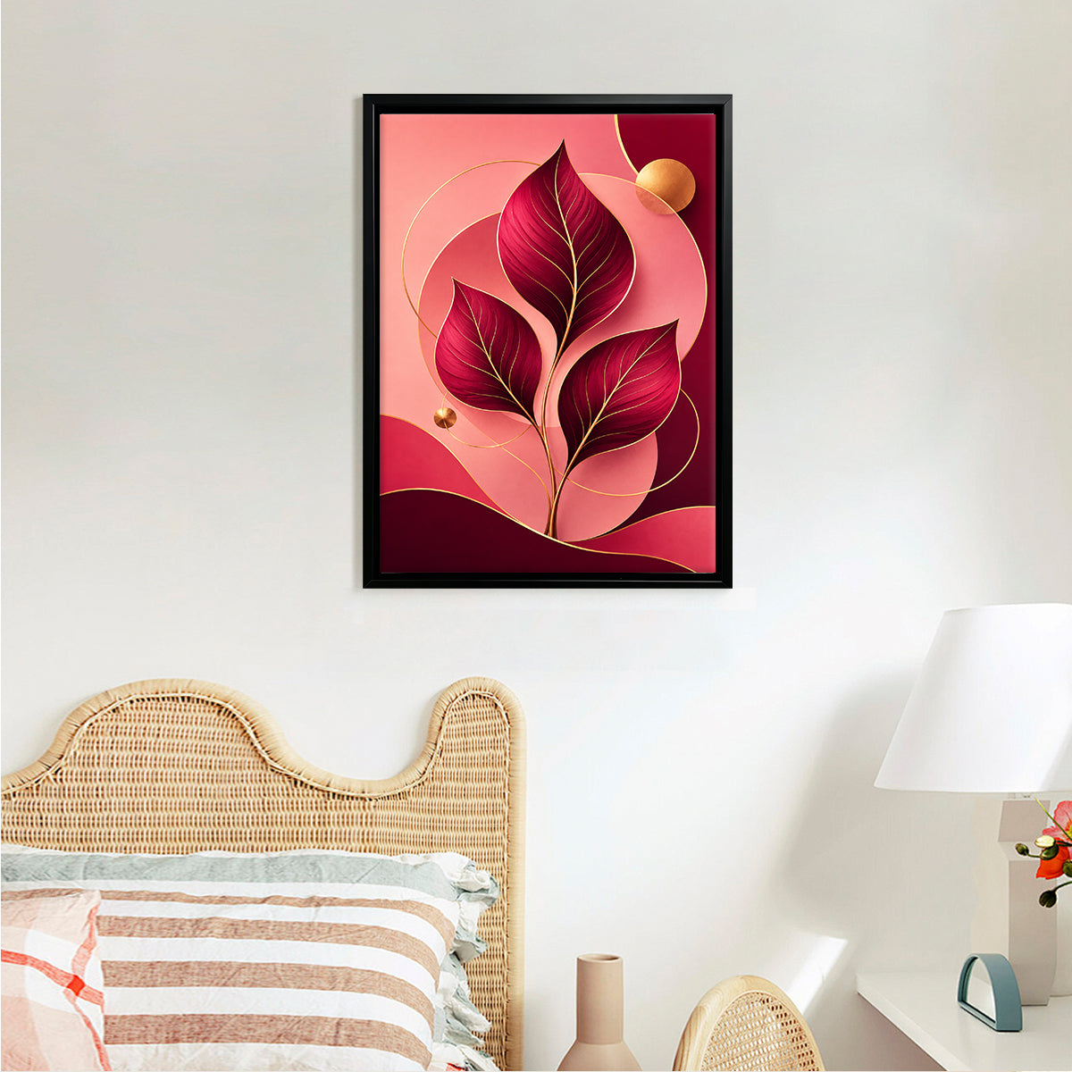 Modern Framed Leaf Art Print with Gold Accents, Elegant Home Decor for Living Room or Hallway