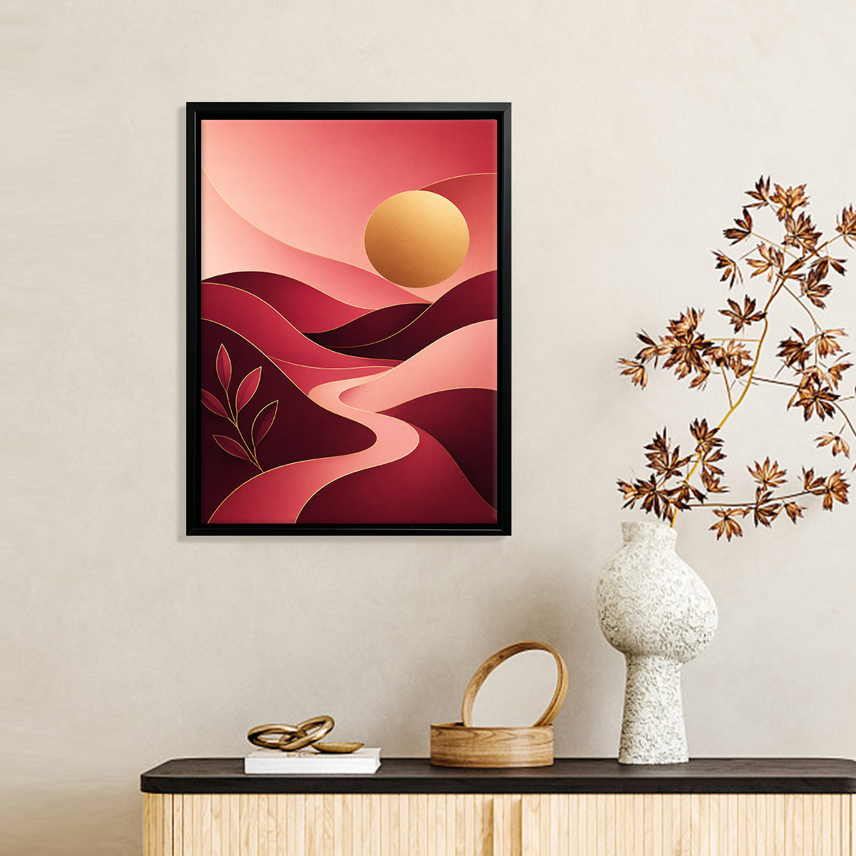 Abstract Sunset Landscape Art Print in Black Frame - Modern Home Decor for Living Room or Bedroom