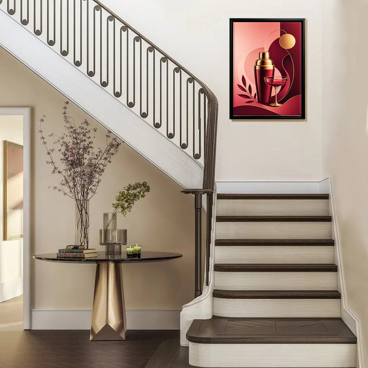 Modern Red & Gold Cocktail Shaker and Glass Art Print, Elegant Home Decor for Living Room or Bar