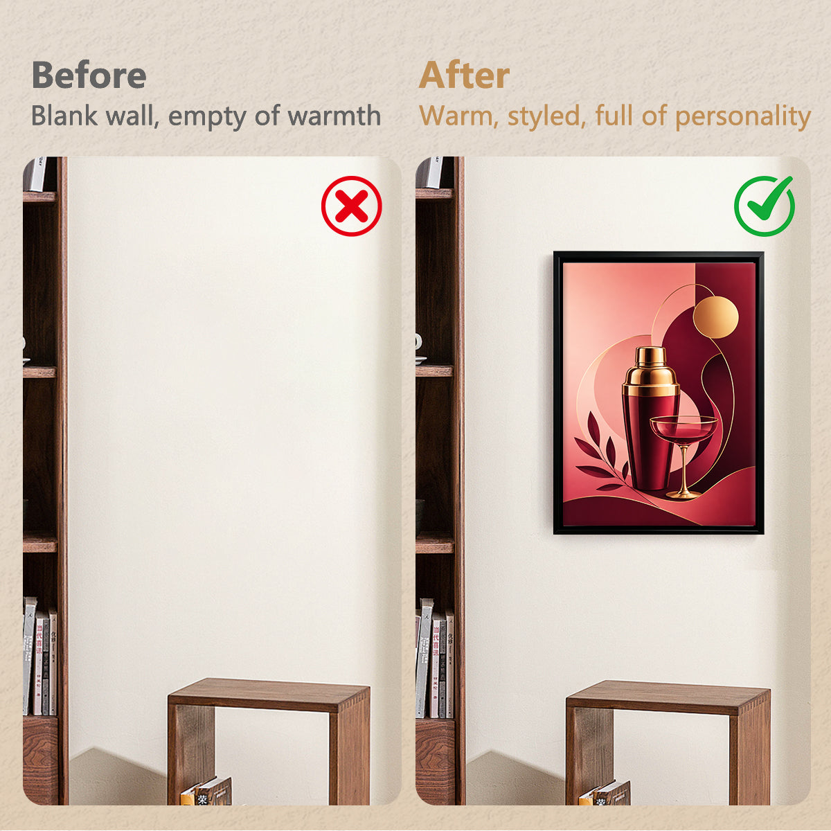 Modern Red & Gold Cocktail Shaker and Glass Art Print, Elegant Home Decor for Living Room or Bar