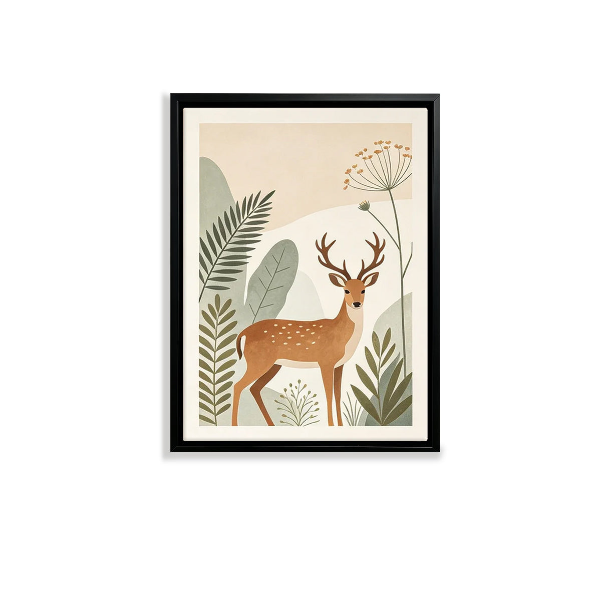 Framed Deer Art Print with Botanical Design, Modern Nordic Style, High-Quality Matte Finish, Perfect for Home Decor in Any Room