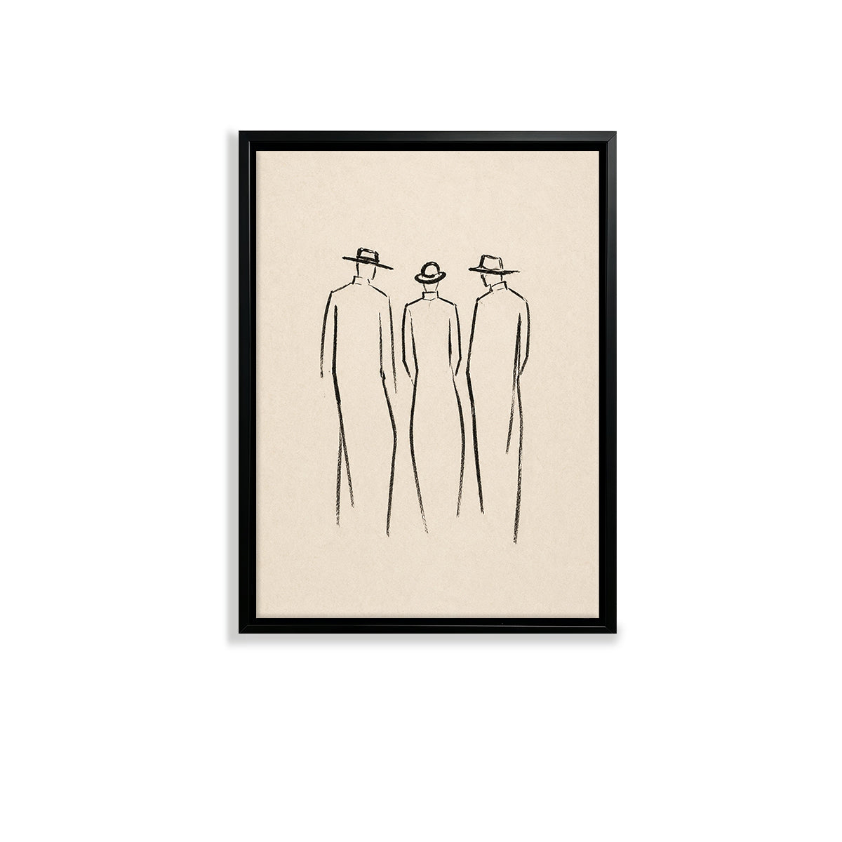 Minimalist Art Print Featuring Three Figures in Hats, Modern Black Frame, Home Decor for Living Room or Office