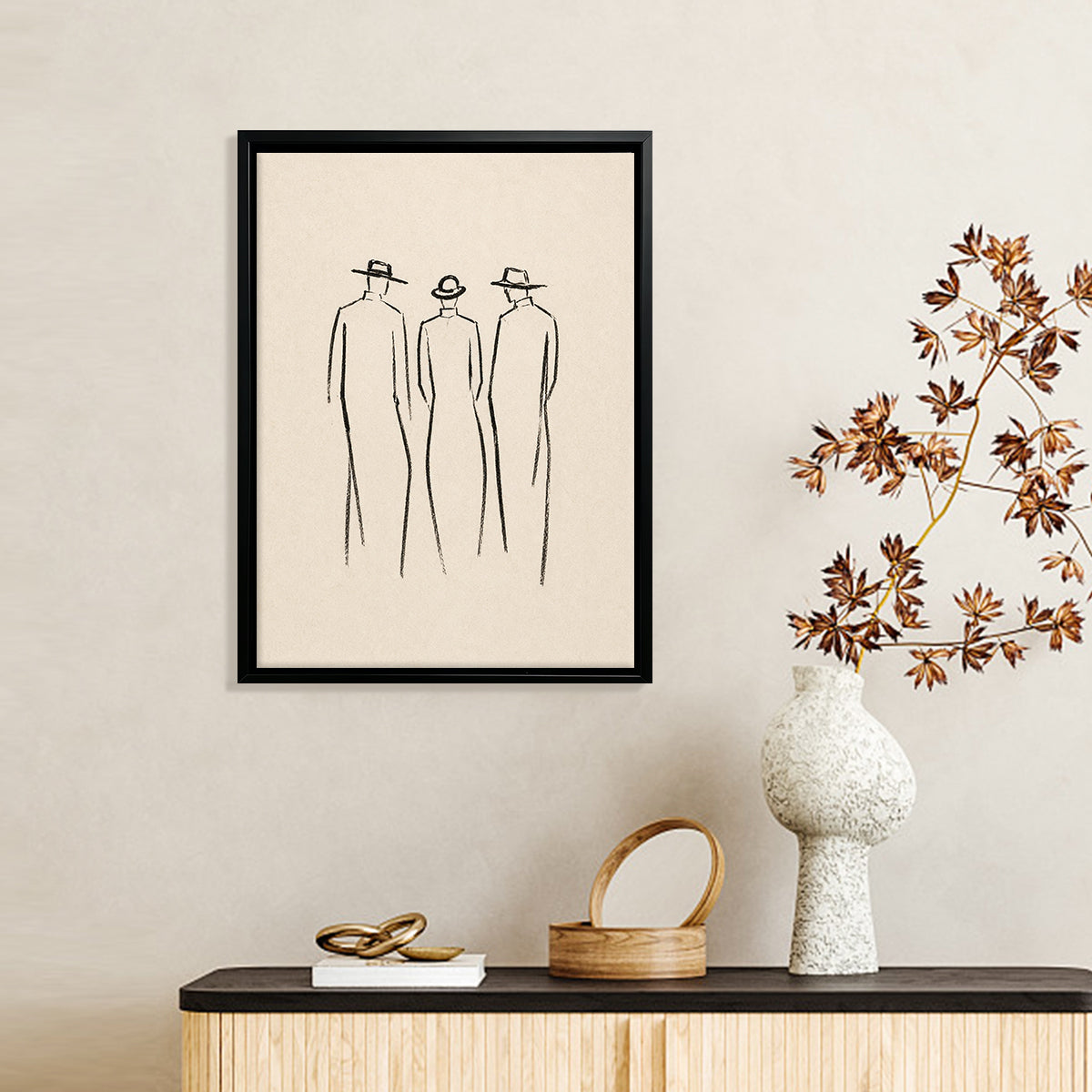 Minimalist Art Print Featuring Three Figures in Hats, Modern Black Frame, Home Decor for Living Room or Office
