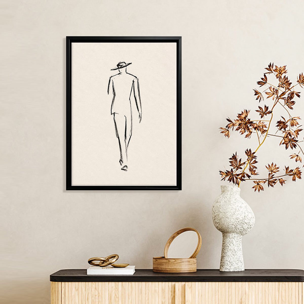 Minimalist Fashion Sketch Art Print, Elegant Line Drawing of a Walking Figure, Black Frame, Home Decor