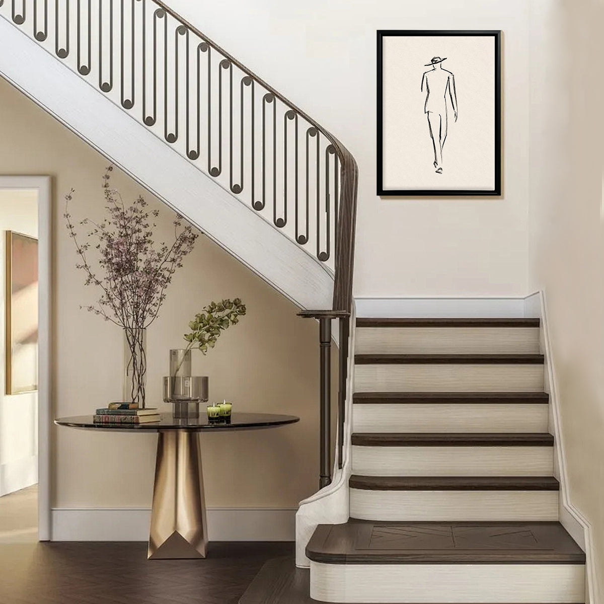 Minimalist Fashion Sketch Art Print, Elegant Line Drawing of a Walking Figure, Black Frame, Home Decor