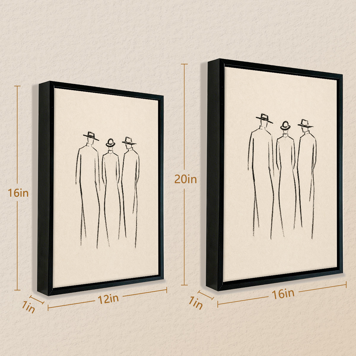 Minimalist Art Print Featuring Three Figures in Hats, Modern Black Frame, Home Decor for Living Room or Office