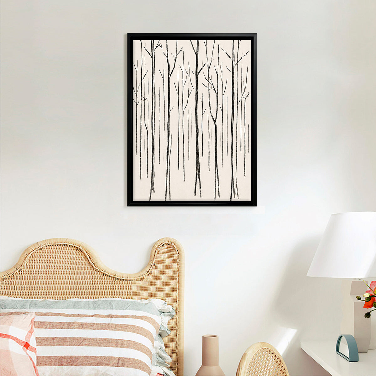 Minimalist Forest Trees Art Print in Black Frame, Modern Nordic Style for Home Decor