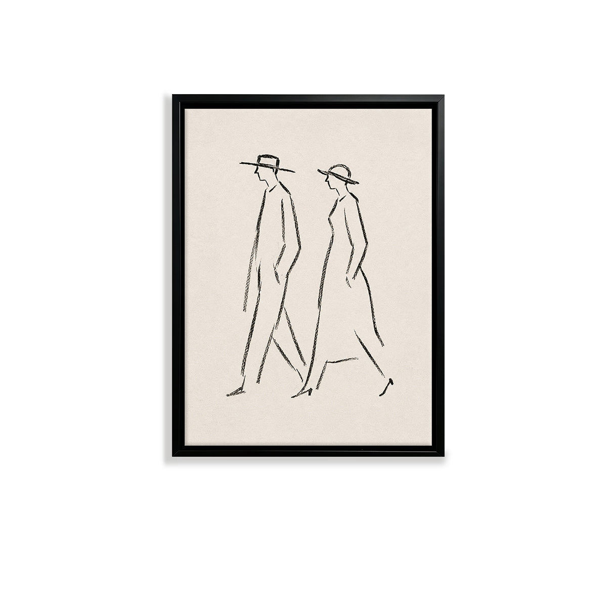 Minimalist Line Art Wall Print Featuring Walking Couple in Hats, Modern Home Decor, High-Quality Framed Art