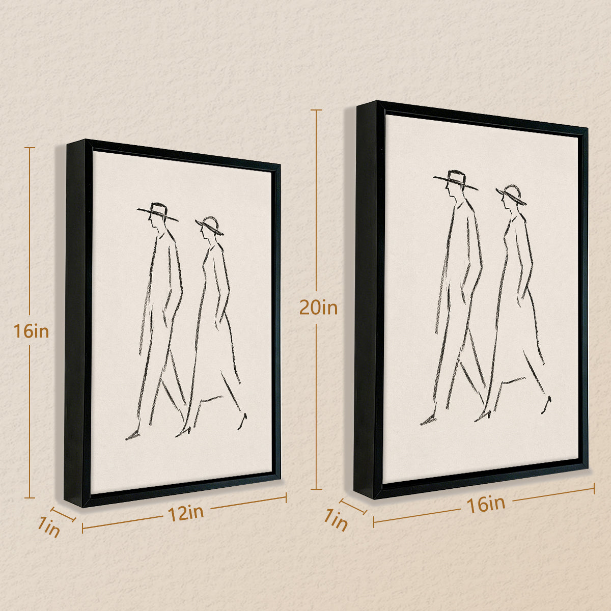 Minimalist Line Art Wall Print Featuring Walking Couple in Hats, Modern Home Decor, High-Quality Framed Art