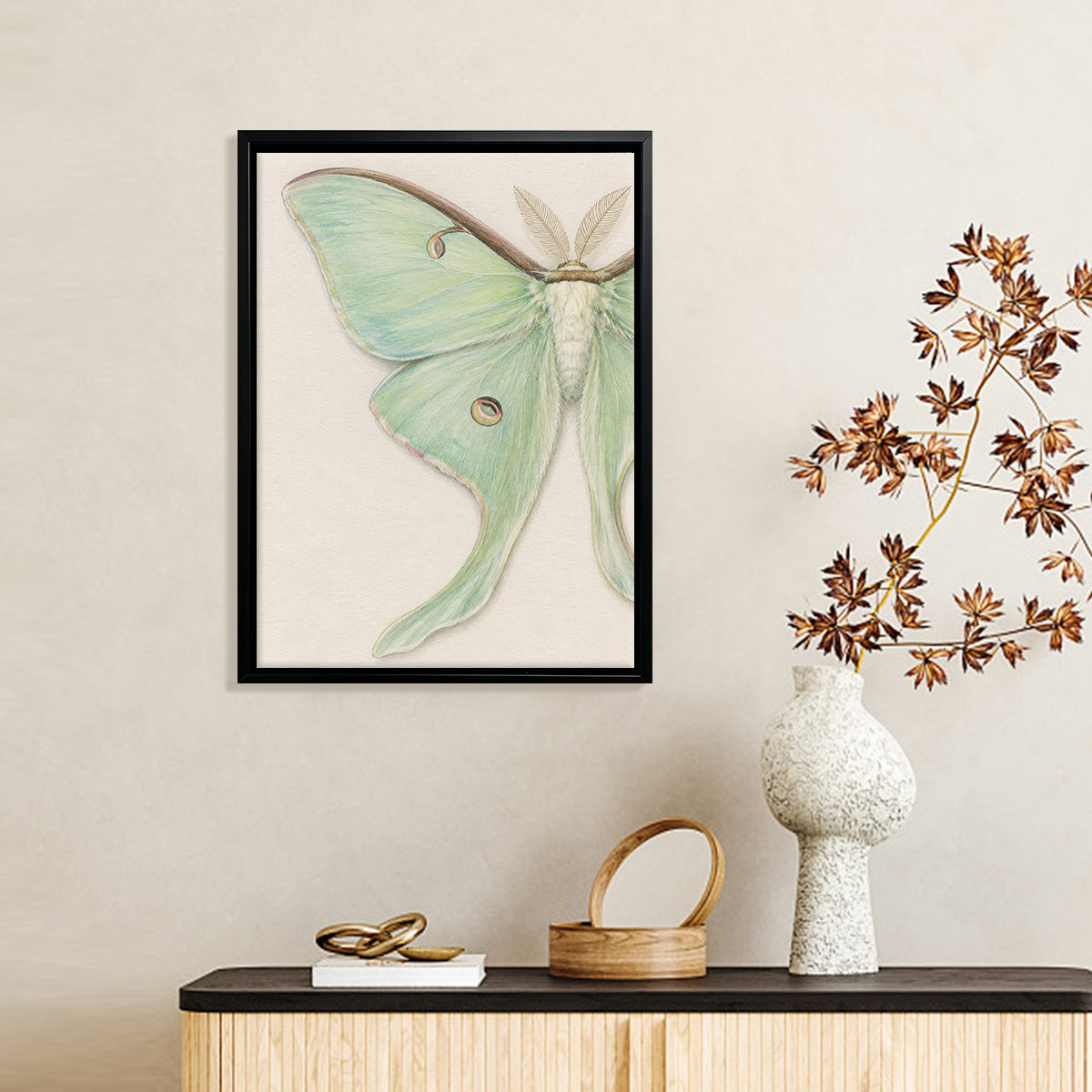 Framed Art Print of a Luna Moth, Botanical Style, High-Quality Paper, Perfect for Home Decor in Any Room