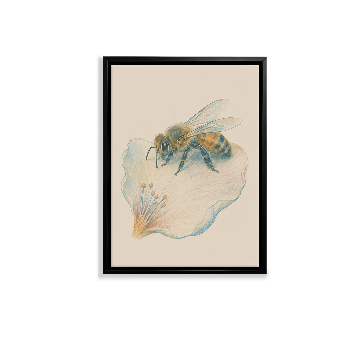 Framed Bee on Flower Art Print, Realistic Style, High-Quality Giclee, Perfect for Home Decor in Any Room