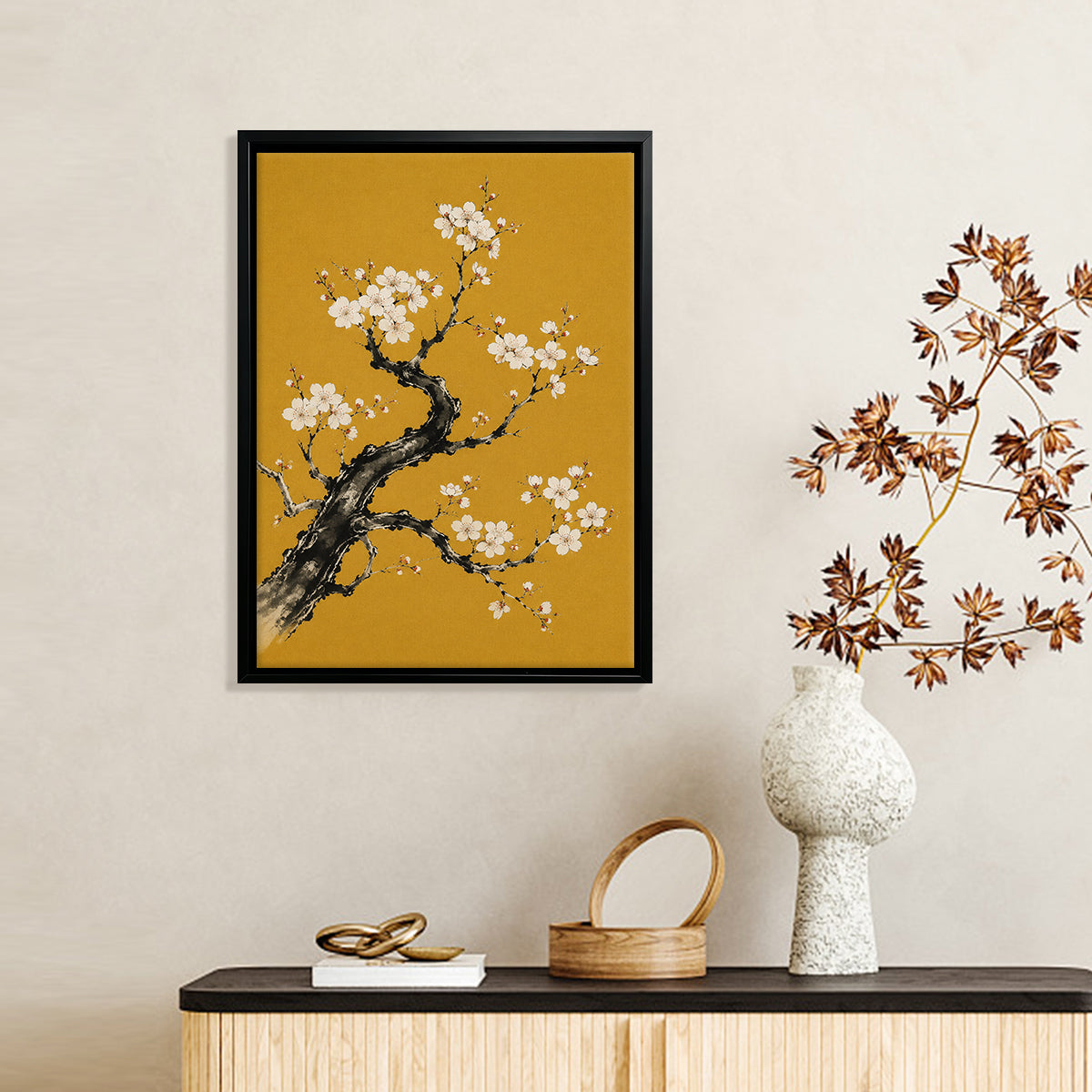 Framed Cherry Blossom Art Print, Traditional Asian Style, Vibrant Yellow Background, Perfect Home Decor
