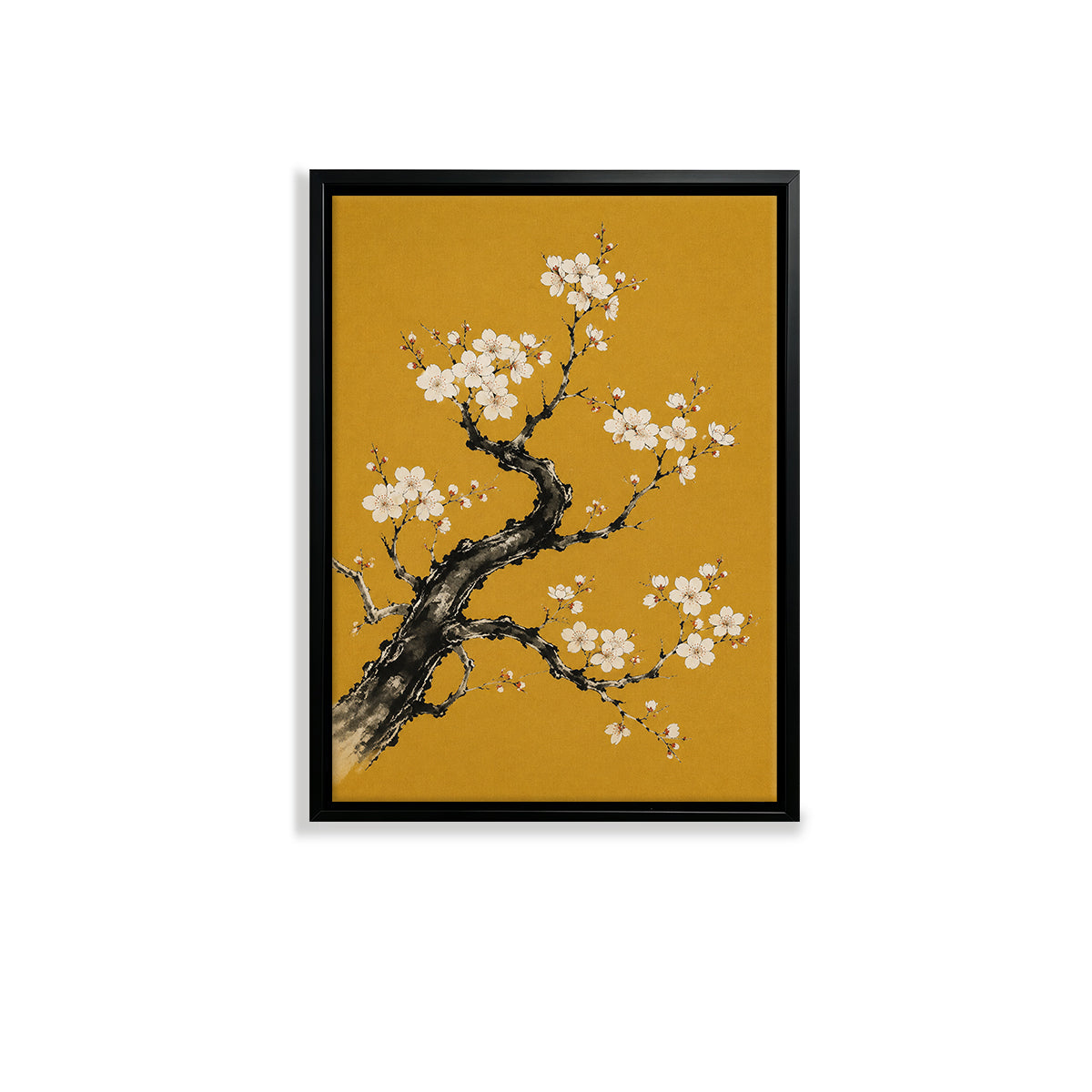 Framed Cherry Blossom Art Print, Traditional Asian Style, Vibrant Yellow Background, Perfect Home Decor