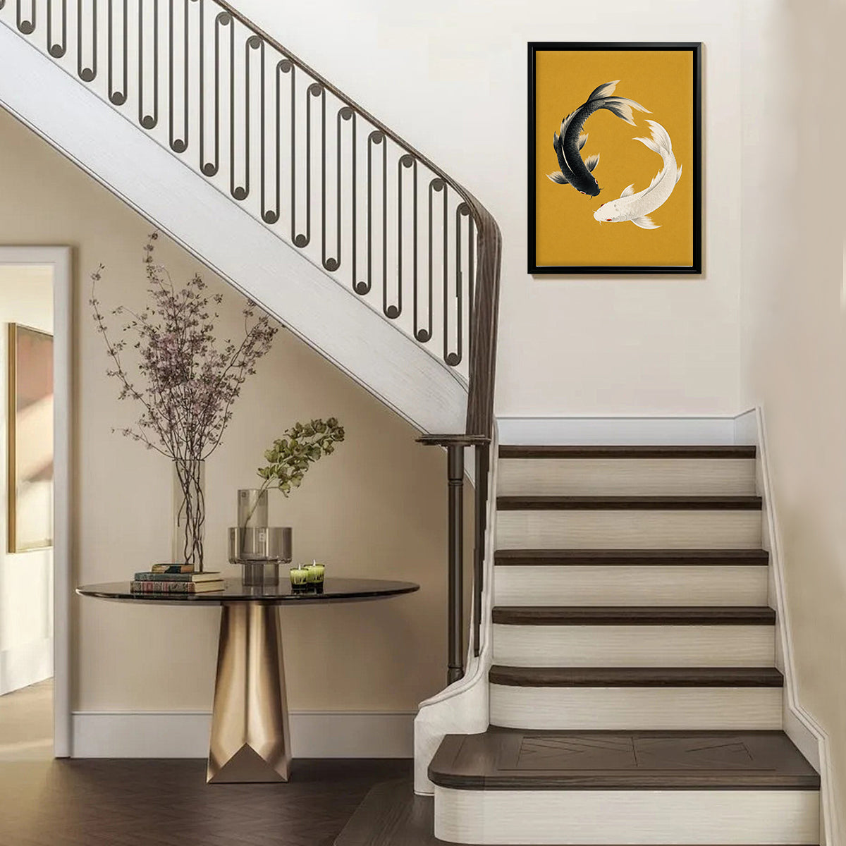 Framed Koi Fish Yin Yang Art Print, Modern Asian Style, Vibrant Mustard Background, Perfect Home Decor