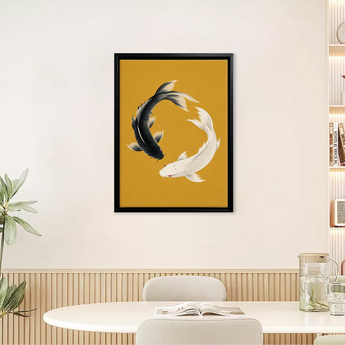 Framed Koi Fish Yin Yang Art Print, Modern Asian Style, Vibrant Mustard Background, Perfect Home Decor