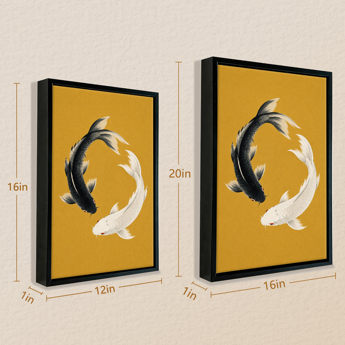 Framed Koi Fish Yin Yang Art Print, Modern Asian Style, Vibrant Mustard Background, Perfect Home Decor