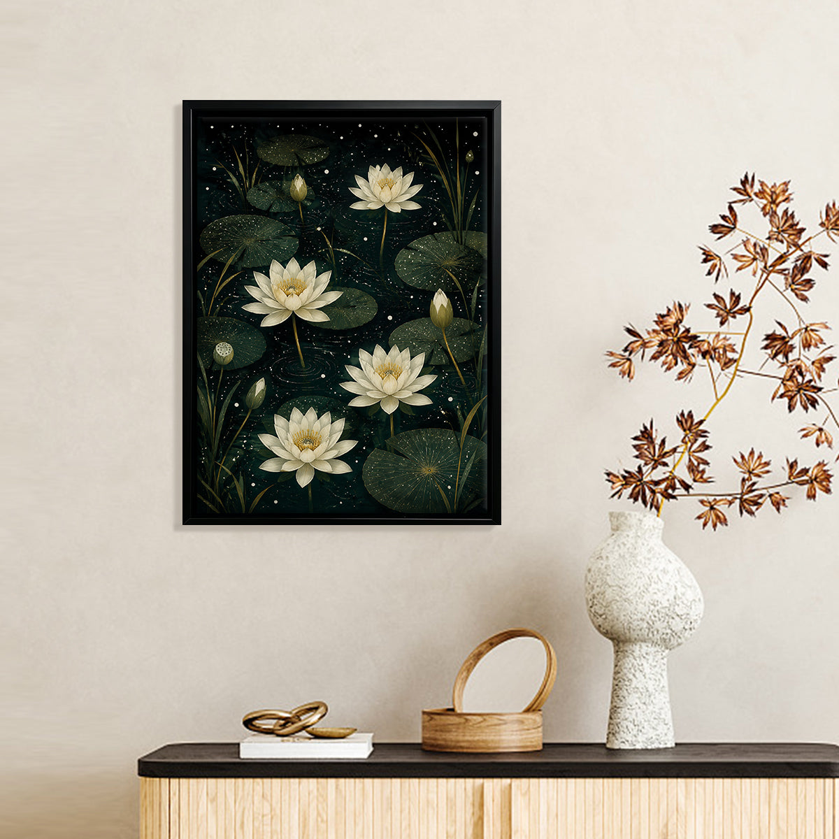 Framed Water Lily Art Print, Night Sky Pattern, High-Quality Matte Finish, Perfect Home Decor for Living Room or Bedroom