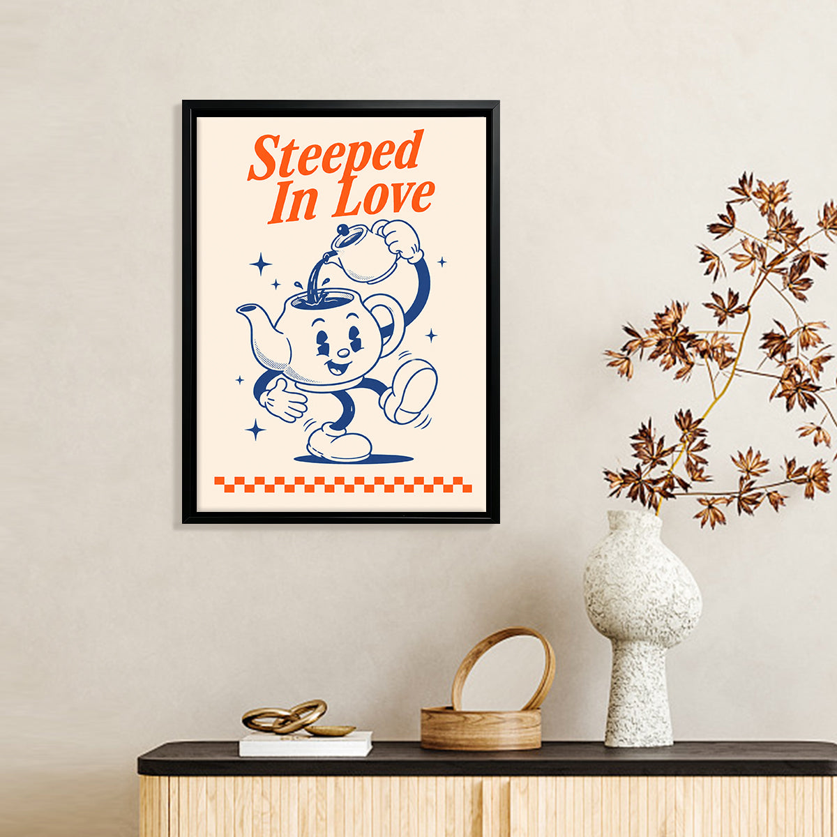 Framed 'Steeped In Love' Teapot Art Print, Retro Style, High-Quality Giclee on Canvas, Perfect for Home Decor in Any Room