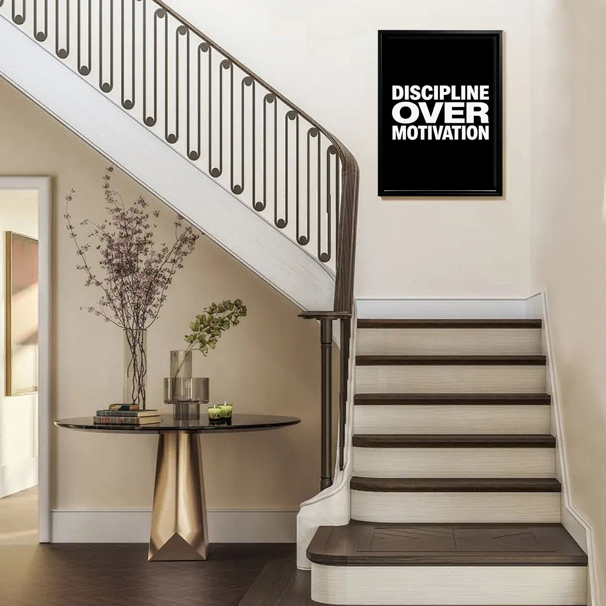 Framed Wall Art Print with 'Discipline Over Motivation' Text, Modern Black and White Design, Perfect Home Decor