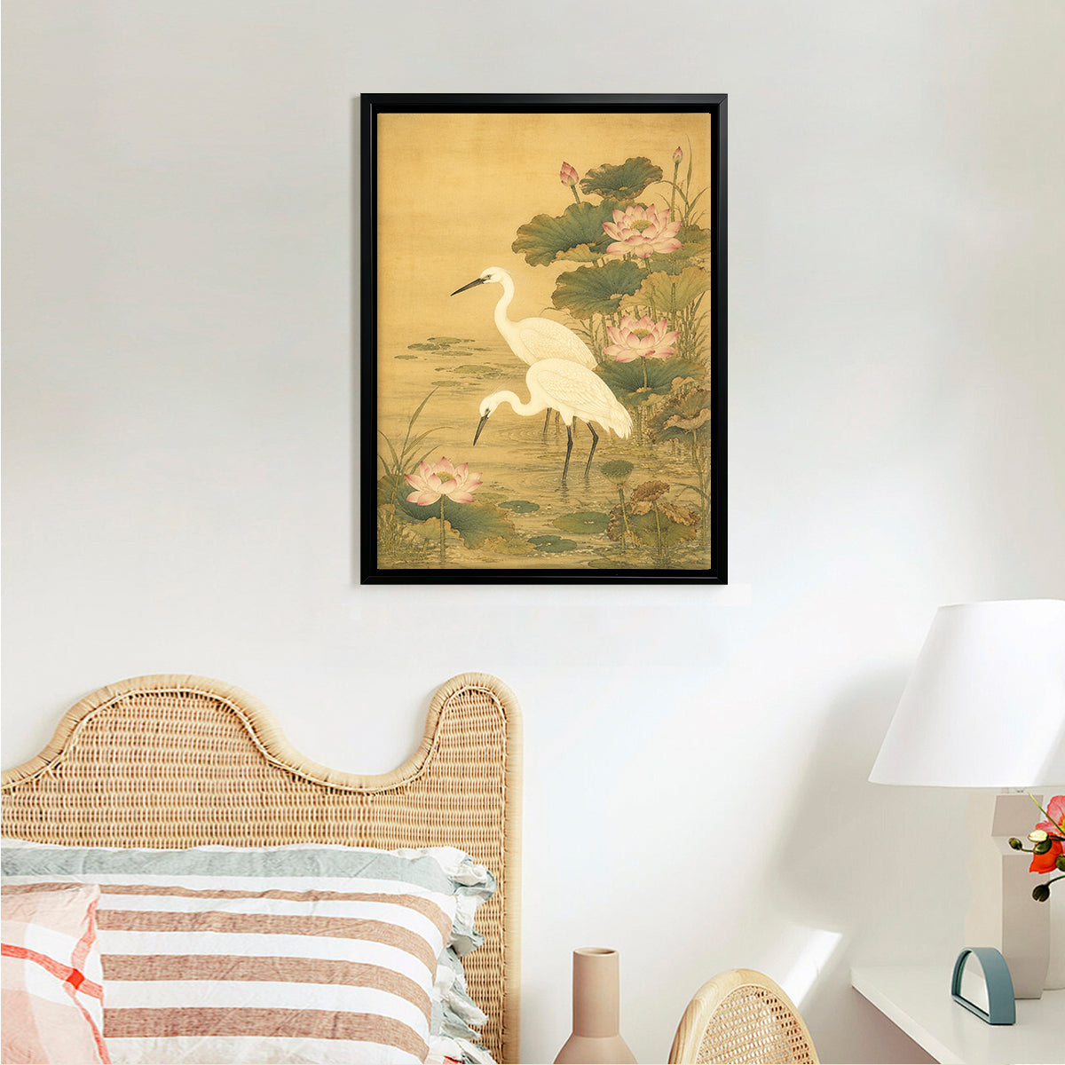 Framed Lotus and Egret Art Print, Traditional Asian Style, High-Quality Giclee on Canvas, Perfect Home Decor for Living Room or Bedroom