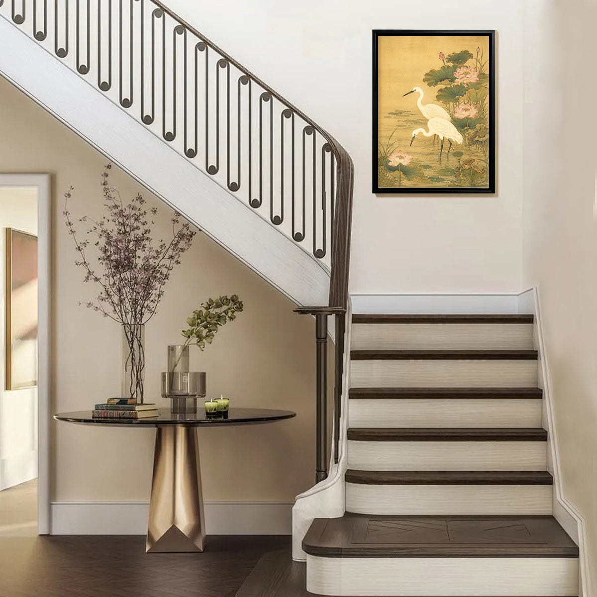 Framed Lotus and Egret Art Print, Traditional Asian Style, High-Quality Giclee on Canvas, Perfect Home Decor for Living Room or Bedroom