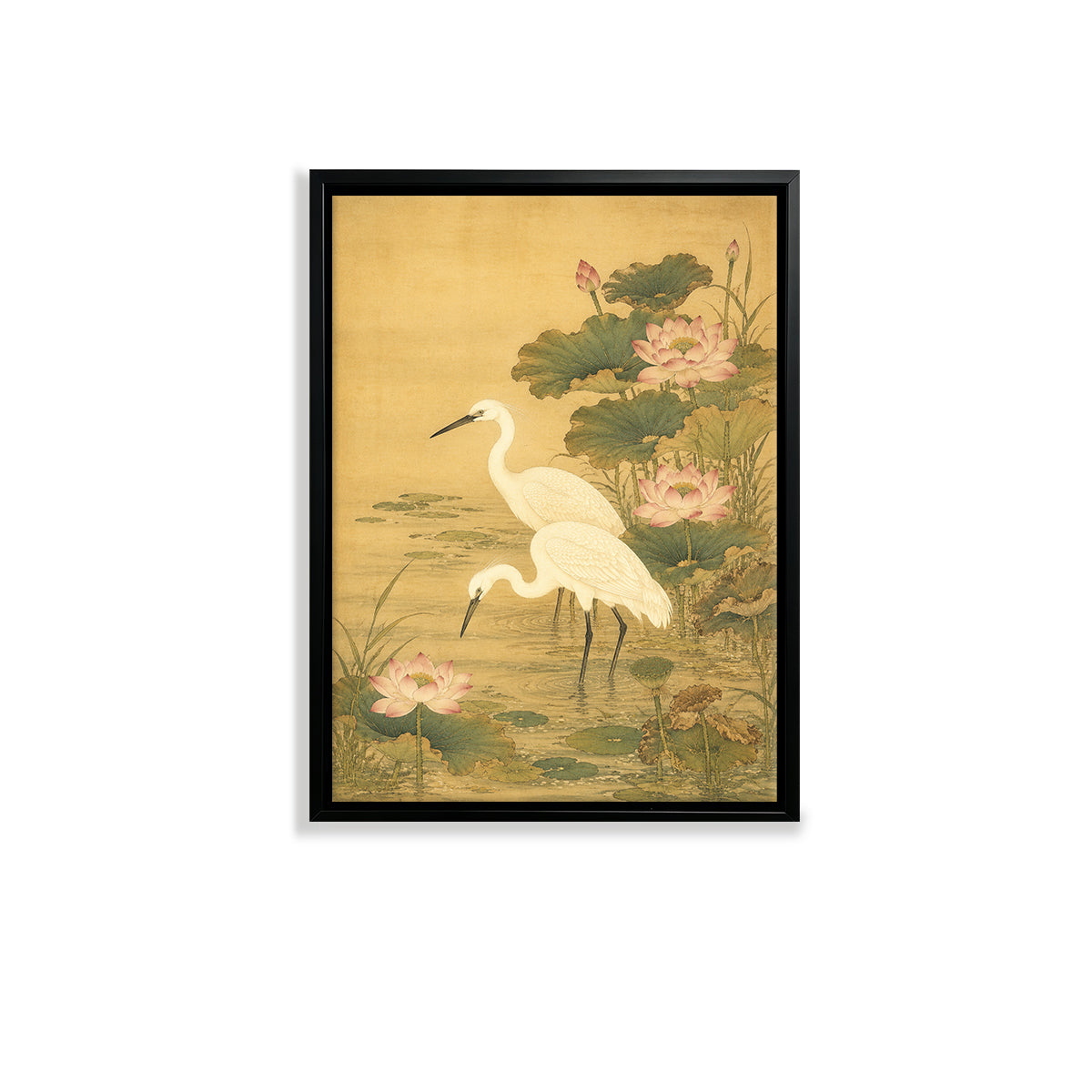 Framed Lotus and Egret Art Print, Traditional Asian Style, High-Quality Giclee on Canvas, Perfect Home Decor for Living Room or Bedroom