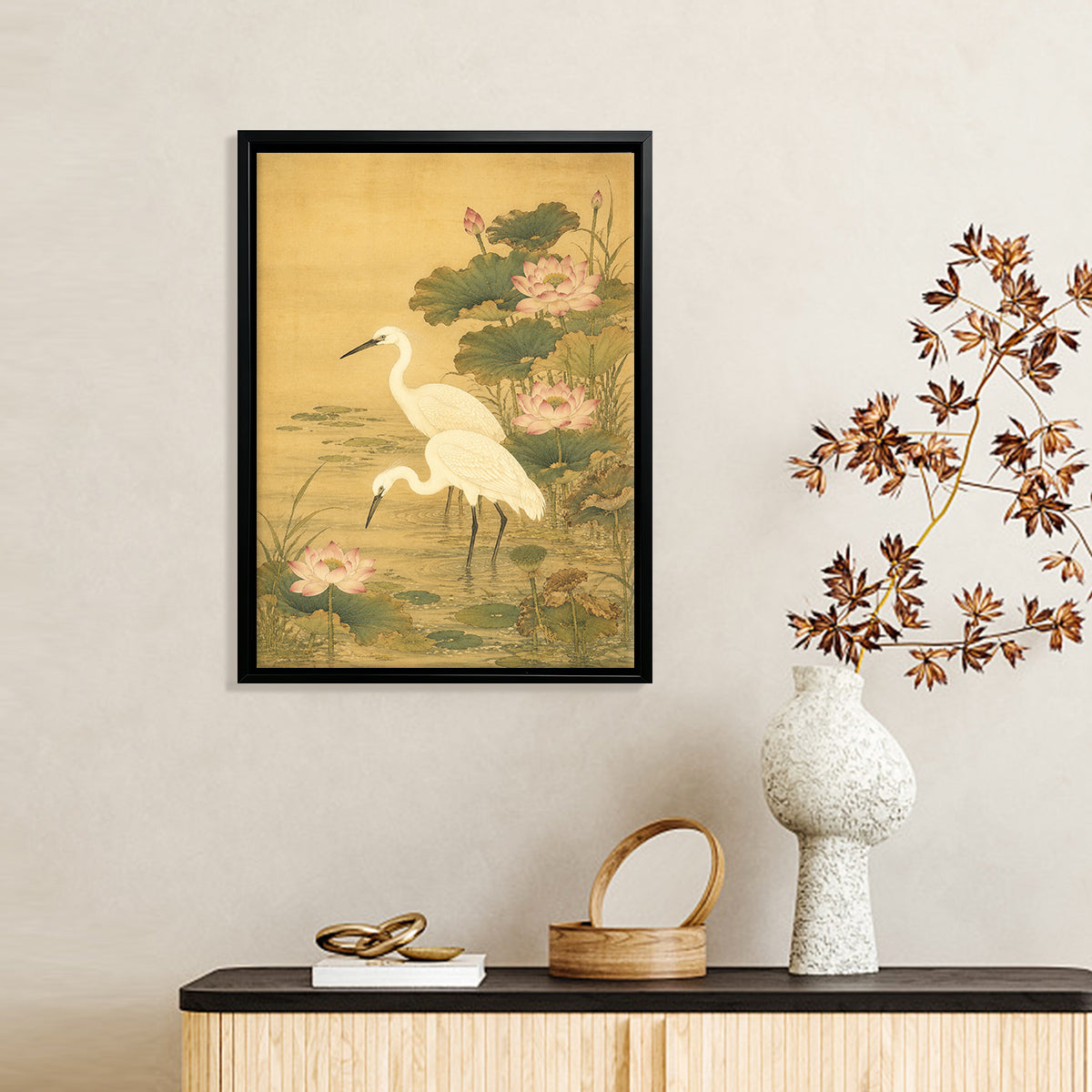Framed Lotus and Egret Art Print, Traditional Asian Style, High-Quality Giclee on Canvas, Perfect Home Decor for Living Room or Bedroom