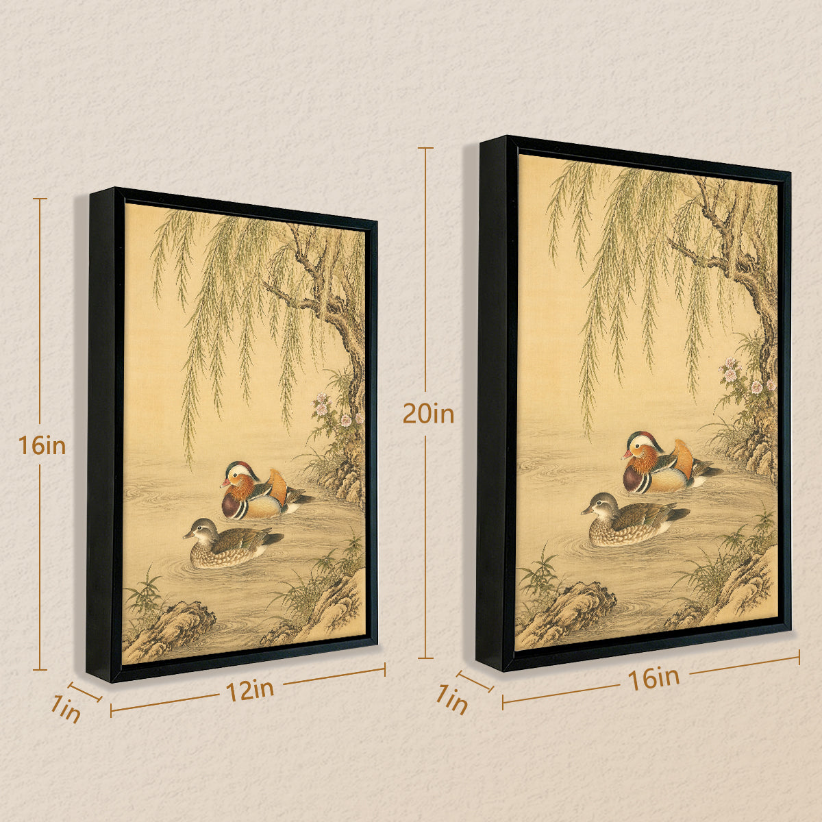 Framed Mandarin Ducks Painting in Traditional Asian Style, Elegant Home Decor for Living Room or Bedroom