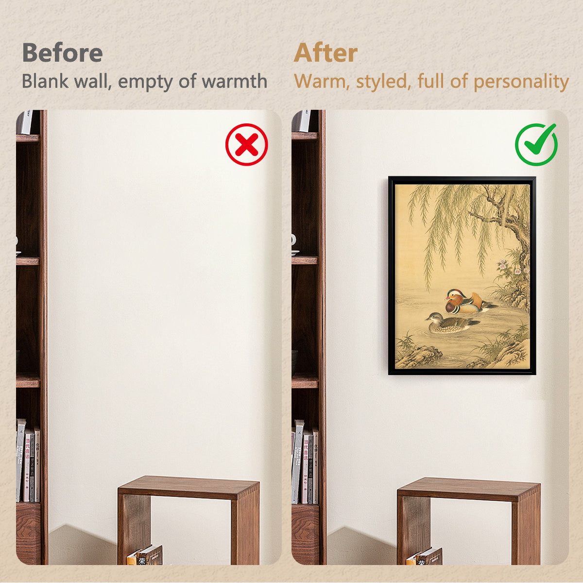 Framed Mandarin Ducks Painting in Traditional Asian Style, Elegant Home Decor for Living Room or Bedroom