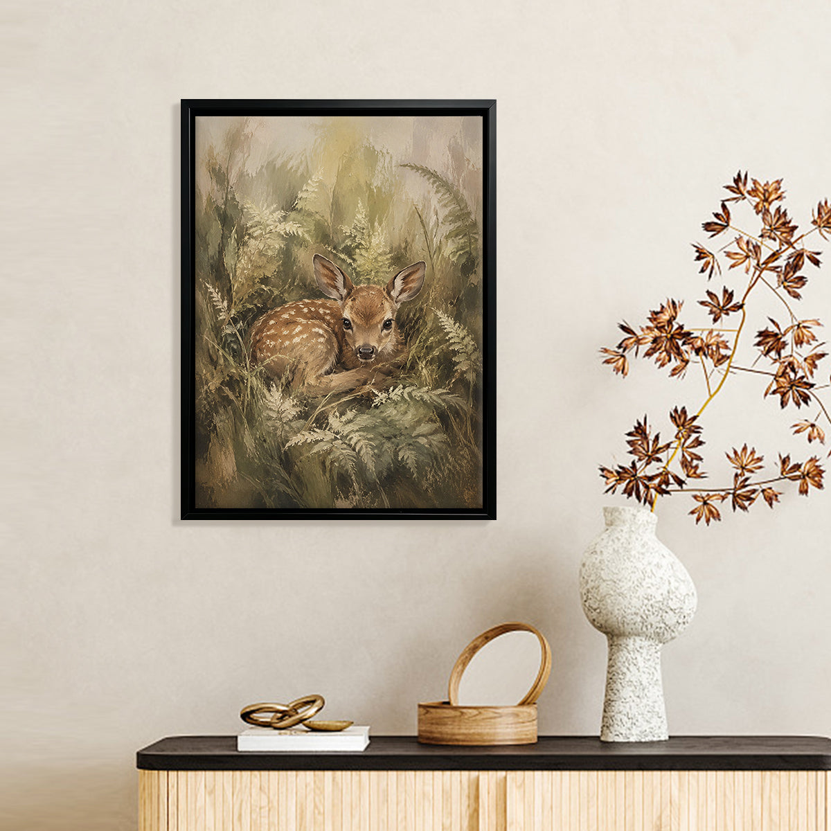 Framed Deer Fawn Art Print in Natural Ferns Style, Perfect for Home Decor or Gift