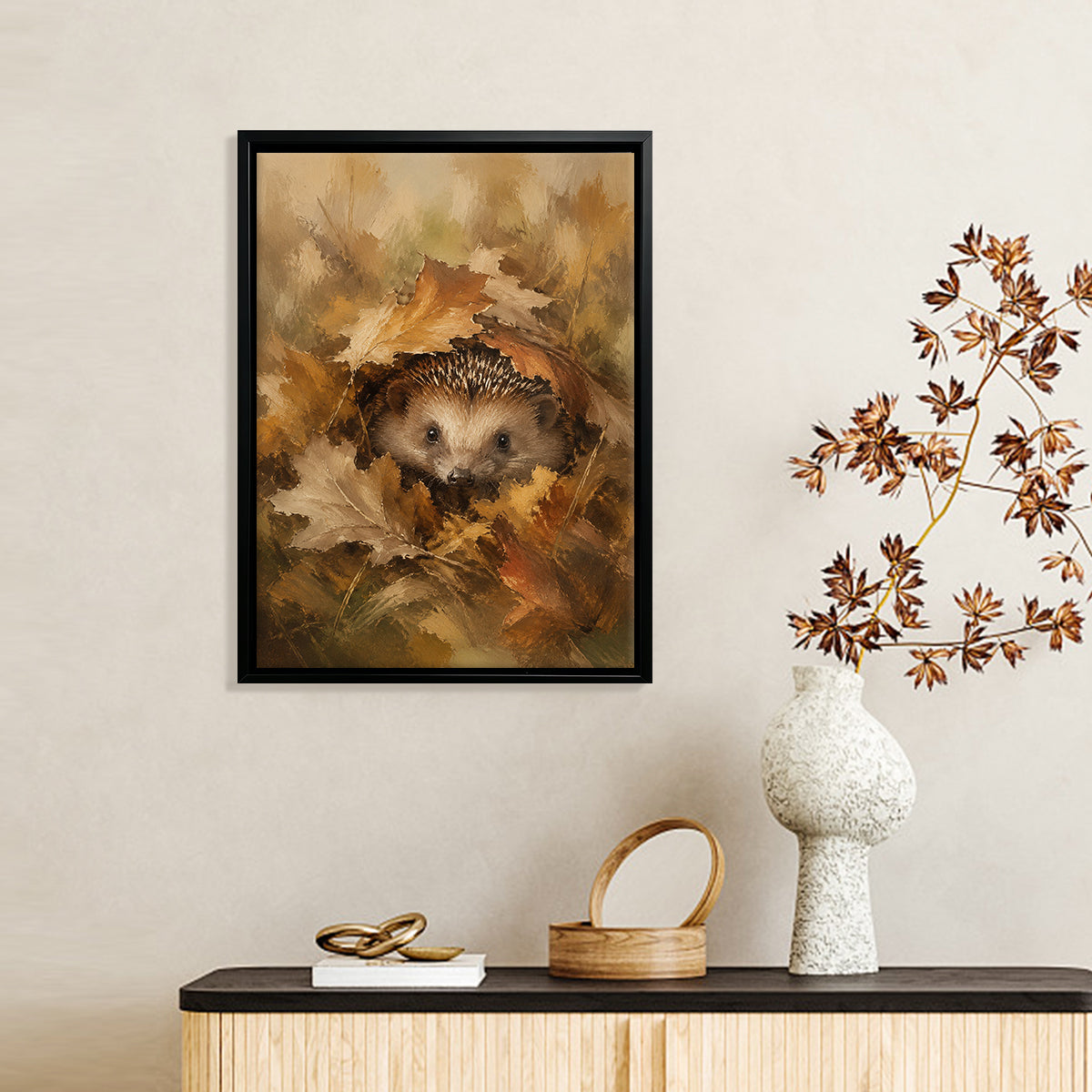 Framed Autumn Hedgehog Art Print, Oil Painting Style, High-Quality Canvas, Perfect for Home Decor in New York