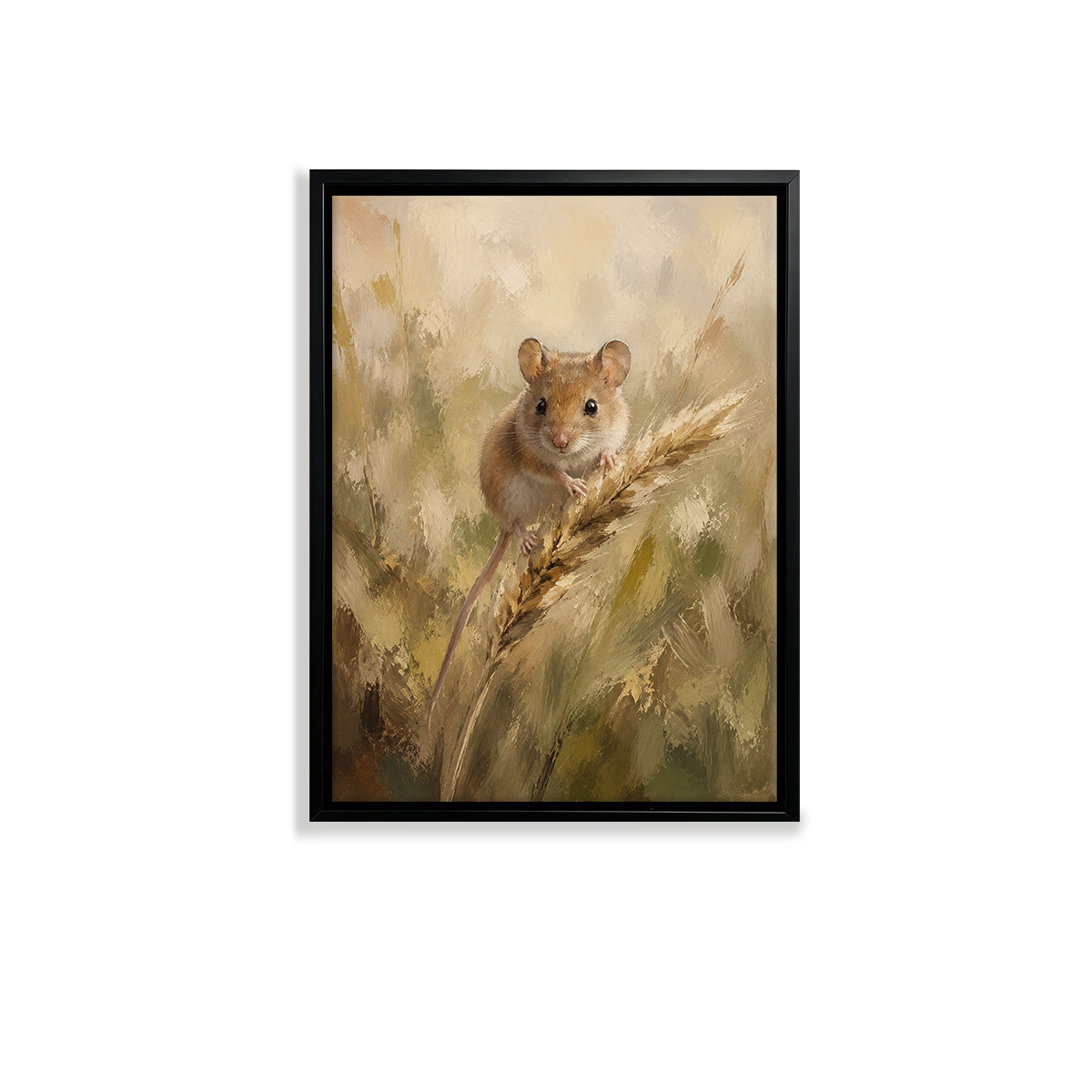 Framed Oil Painting of a Mouse in Wheat Field, Realistic Style, High-Quality Artwork for Home Decor