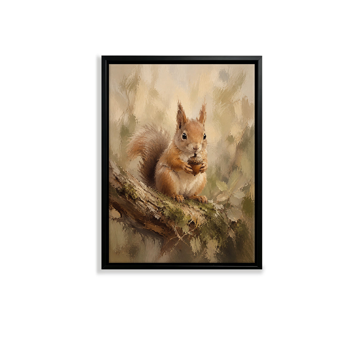 Framed Squirrel Art Print with Acorn, Oil Painting Style, High-Quality Canvas for Home Decor, Perfect Gift