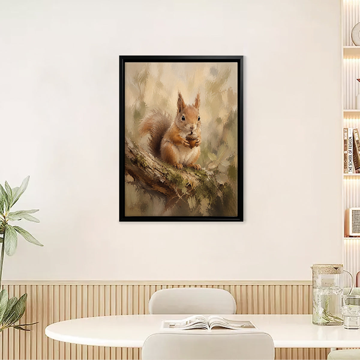 Framed Squirrel Art Print with Acorn, Oil Painting Style, High-Quality Canvas for Home Decor, Perfect Gift