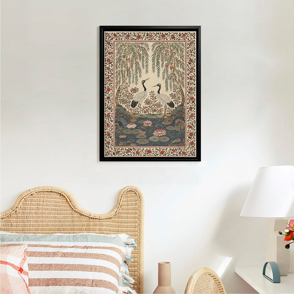 Framed Oriental Crane and Lotus Art Print, Vintage-Inspired Home Decor for Living Room or Hallway