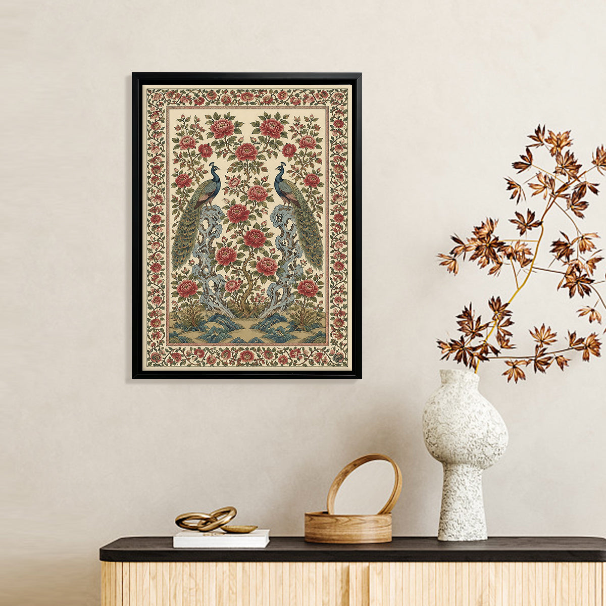 Framed Peacock Floral Tapestry Art Print, Vintage Style, High-Quality Giclee, Perfect for Home Decor in Any Room