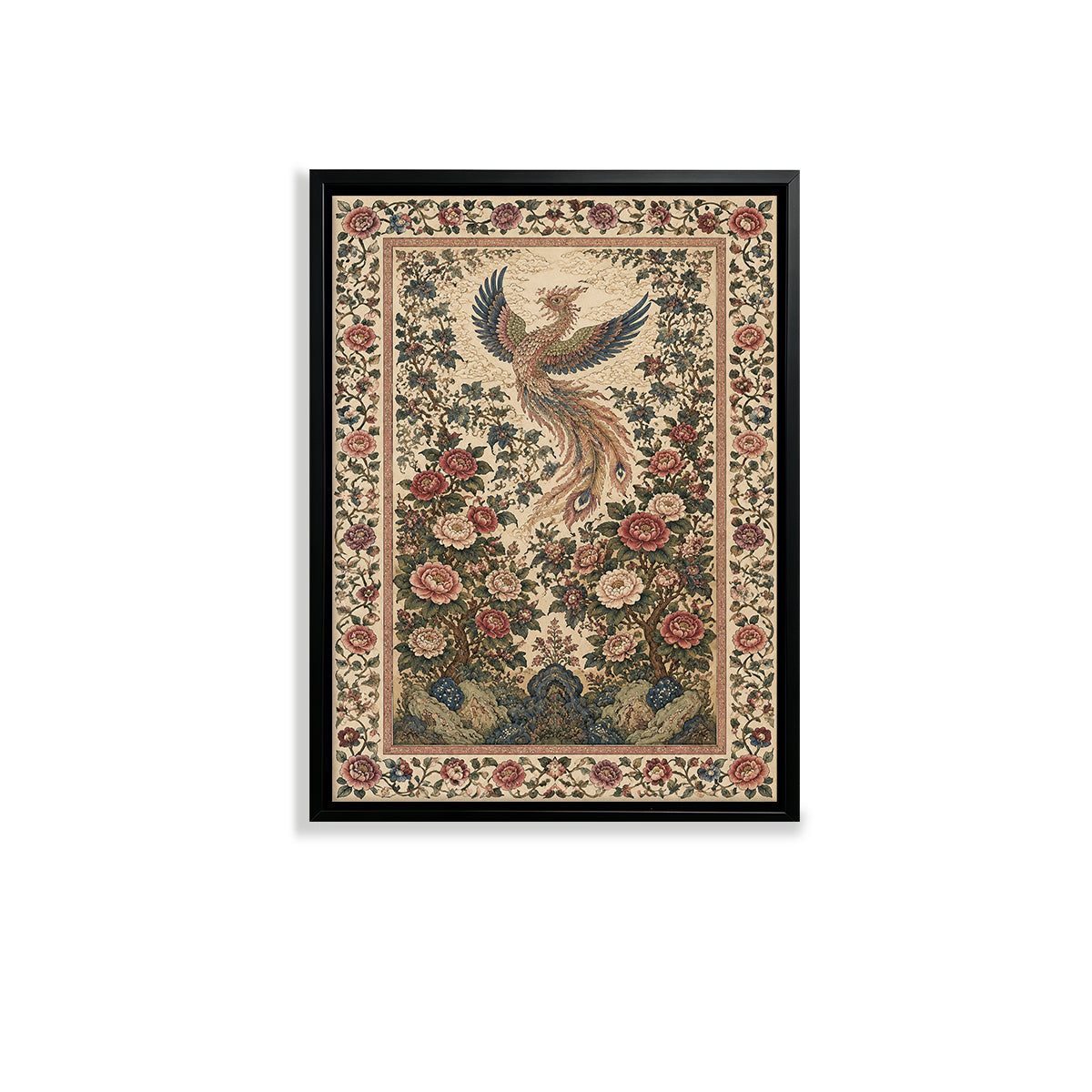 Framed Phoenix Tapestry Wall Art, Vintage Floral Design, High-Quality Embroidery, Perfect for Home Decor in Any Room