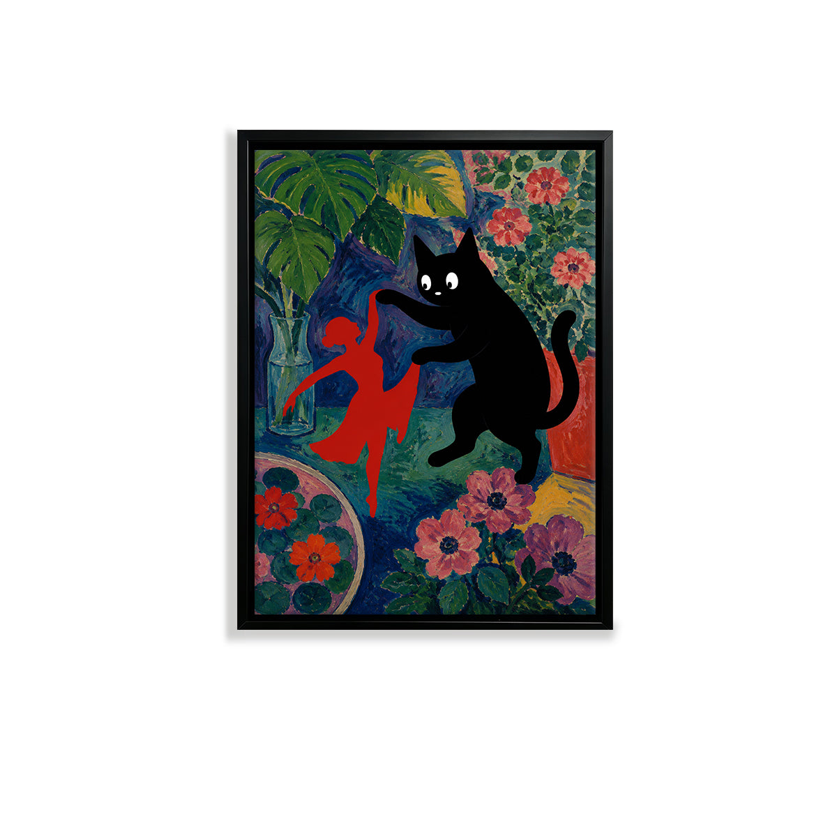 Framed Art Print Featuring a Black Cat and Red Figure in a Vibrant Garden Style, Perfect for Home Decor or Gift