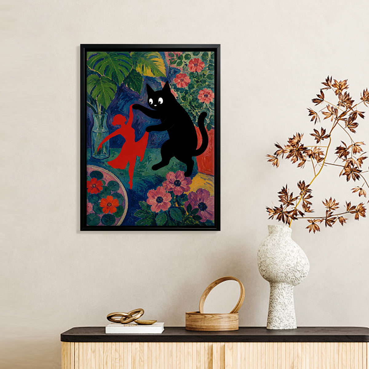 Framed Art Print Featuring a Black Cat and Red Figure in a Vibrant Garden Style, Perfect for Home Decor or Gift