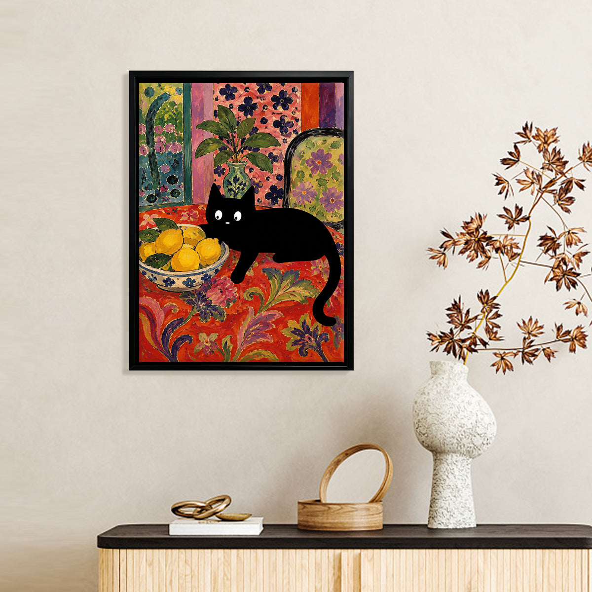 Framed Cat with Lemons Art Print, Vibrant Floral Style, High-Quality Matte Finish, Perfect Home Decor for Any Room