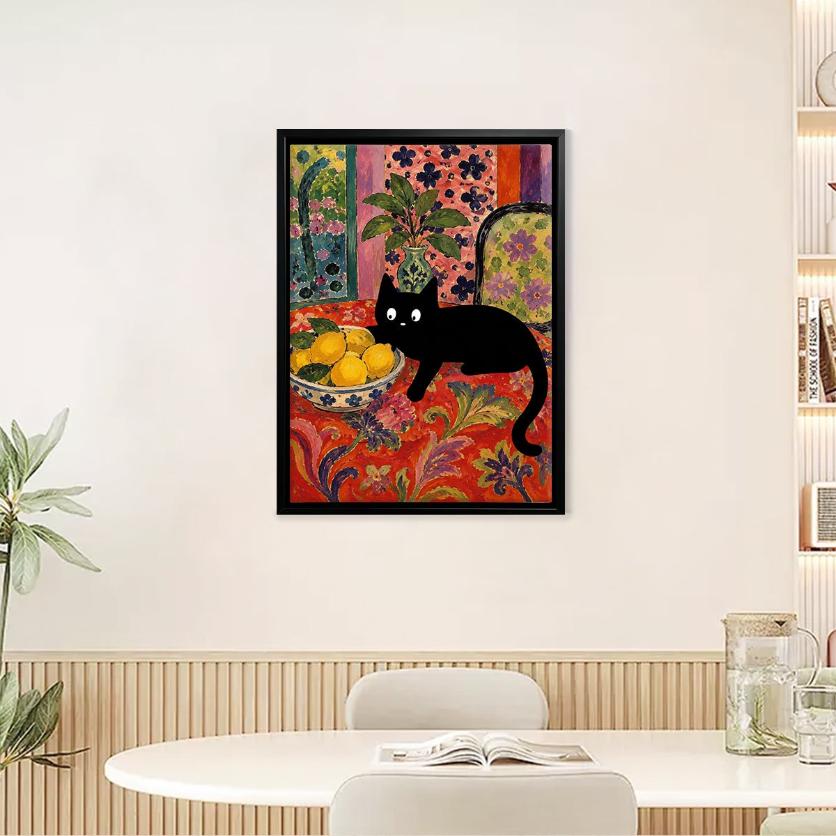 Framed Cat with Lemons Art Print, Vibrant Floral Style, High-Quality Matte Finish, Perfect Home Decor for Any Room
