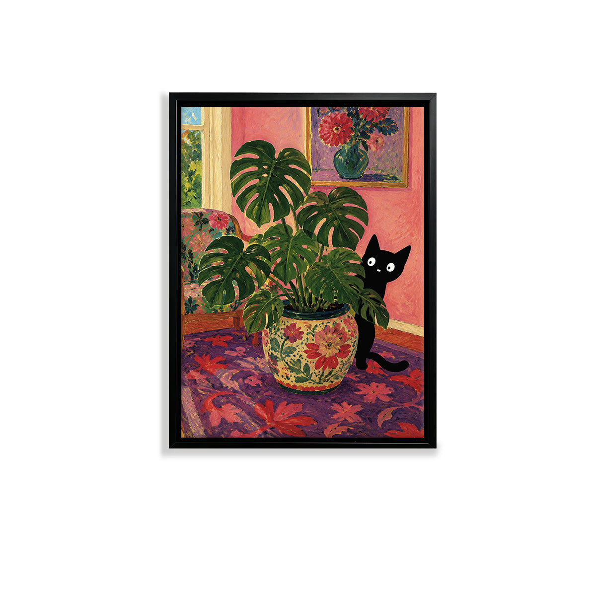Framed Art Print of Black Cat with Monstera Plant in Floral Pot, Vintage Style Home Decor