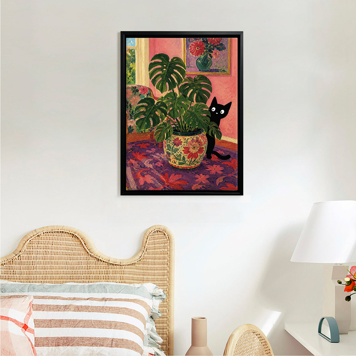 Framed Art Print of Black Cat with Monstera Plant in Floral Pot, Vintage Style Home Decor